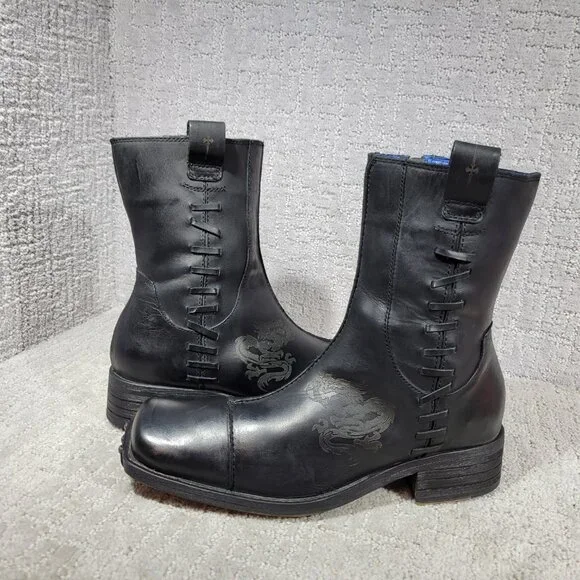 Mark Nason Mens 7.5 Black Dragon Rock Side Lace Up Square Toe Western Boots